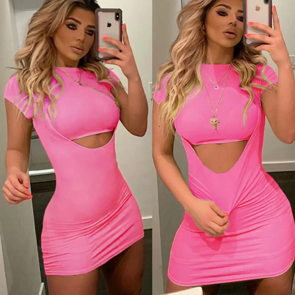 

Hot Pink Hollow one piece mini dress sexy mini cocktail women clothing dress