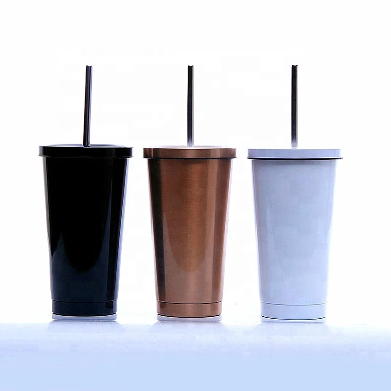 

wholesale double wall 16oz stainless steel straw tumbler coffee mug with straw vacuum cup stainless steel mug
