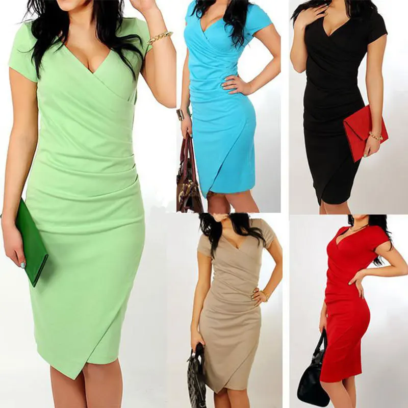 

Queena Deep V-neck Bodycon Multiple Color Women Pencil Dress Work Dress, As picture show