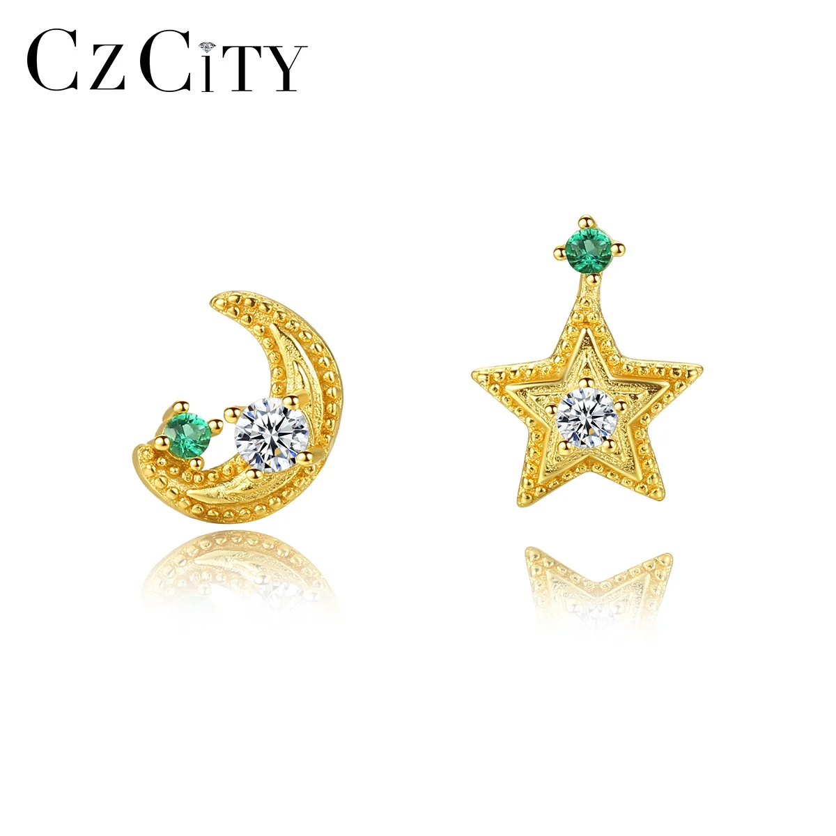 CZCITY Moon and Star Zirconia Designer Inspired  Earrings 925 Sterling Silver Cute Korean Stud Earring for Girls Wholesale