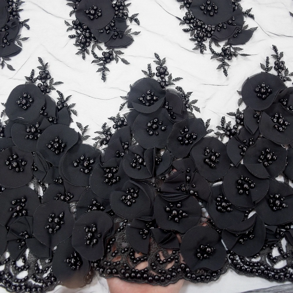 

Exclusive black french 3d flower pure handmade beaded lace fabric with pearls tulle lace fabric for show in dubai HY0888-3