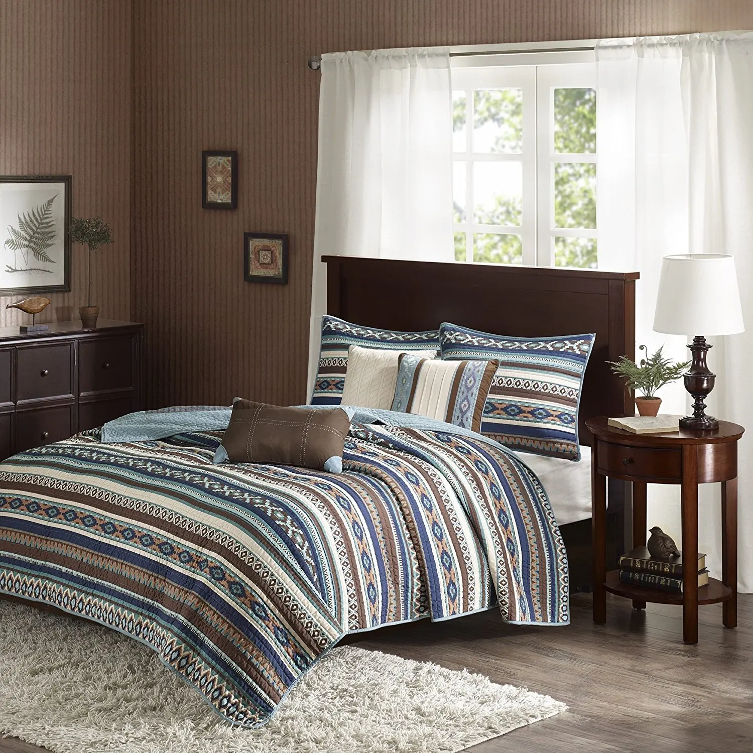 D&H 6 Piece Teal Blue Brown Tan Southwest Coverlet Full Queen Set, Southwestern Bedding Aztec Native American Pattern Stripes Design Indian Striped, Microfiber