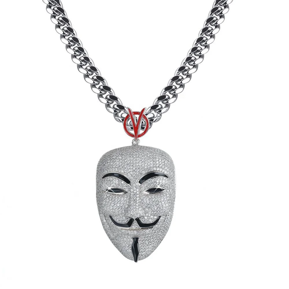 

Iced Out Hip Hop Silver Charm Face V Pendants Necklace For Men