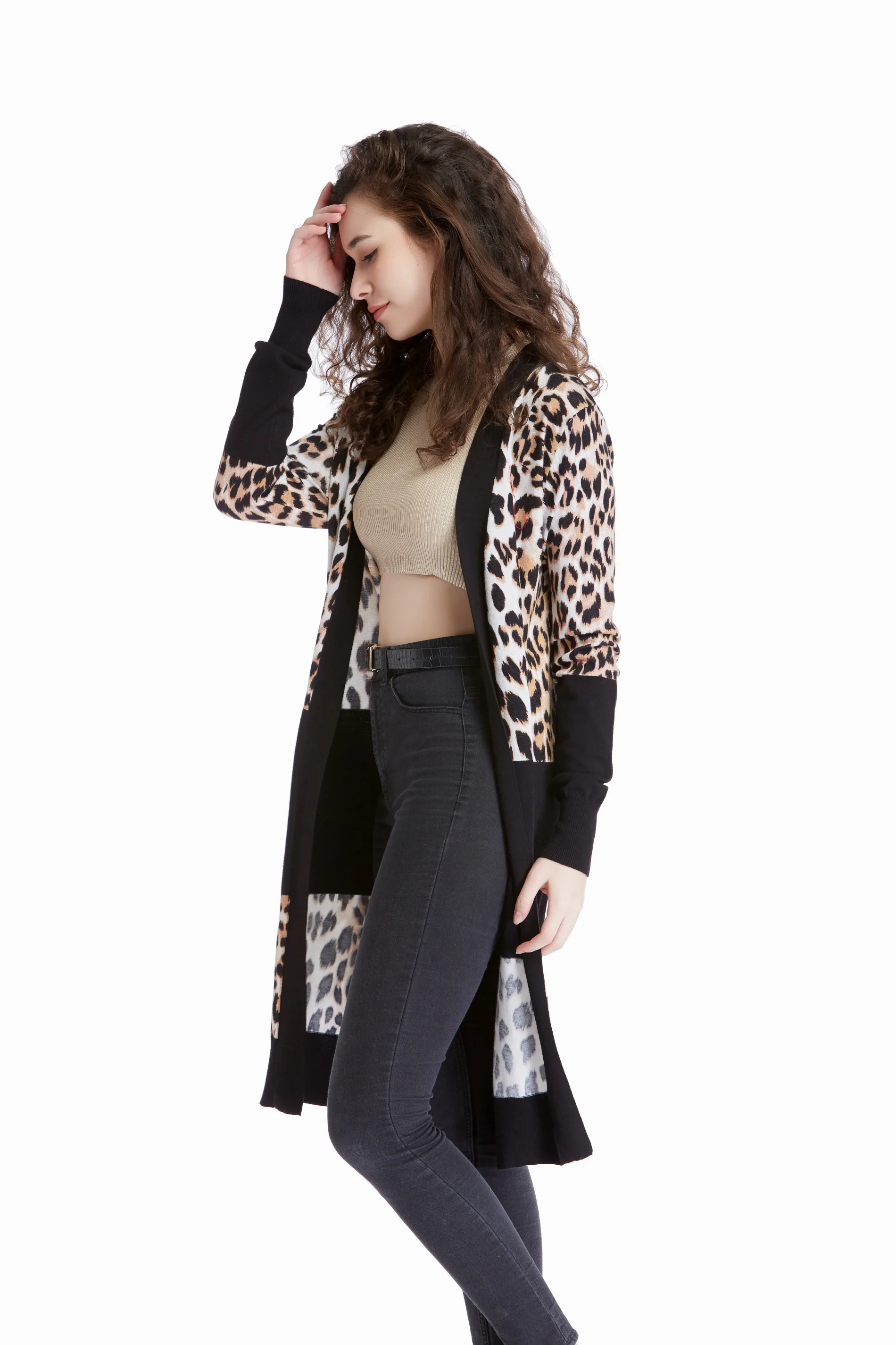 热卖女装时尚高街豹纹印花复古开胸长款开衫装长袖休闲针织上衣上衣