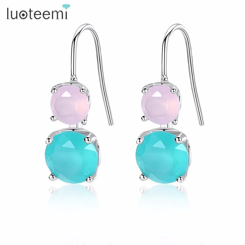 

LUOTEEMI Trendy White Gold Color Simple Design Pink and Blue Round CZ Statement Cute Small Earrings For Women Girls Gift Brincos