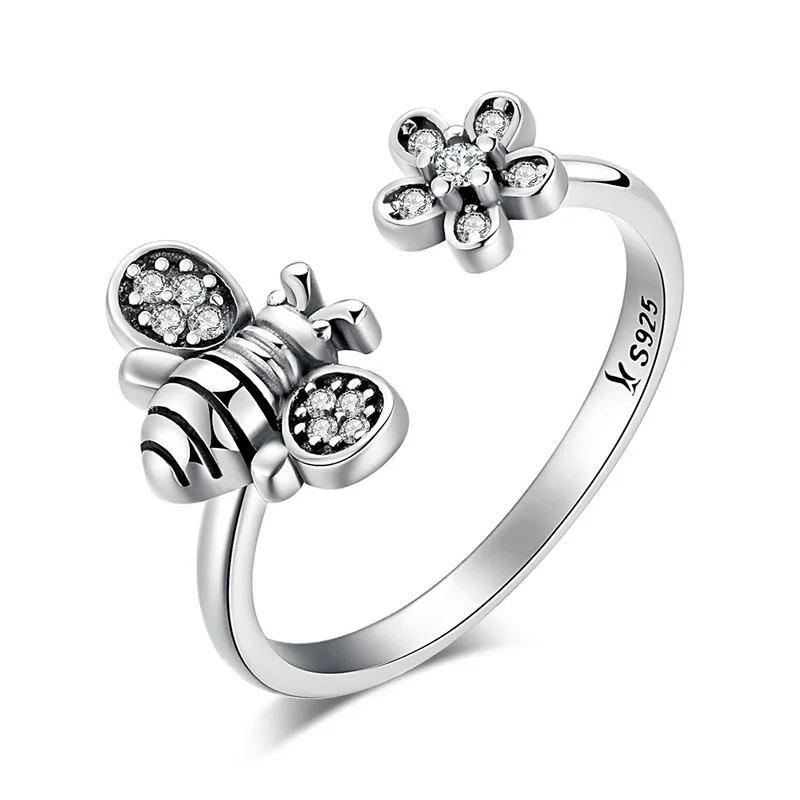 

925 Sterling Silver Bee Daisy zircon Open Ring for Women Jewelry