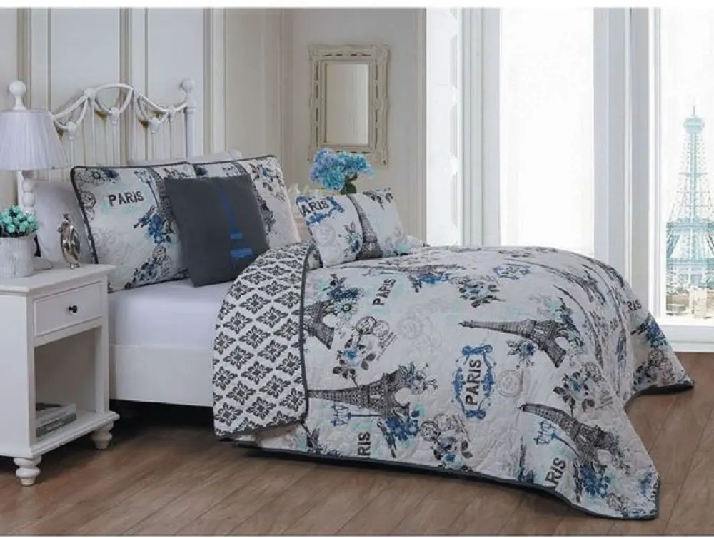 Buy 5 Piece Girls Blue Love Paris Themed Quilt Queen Set