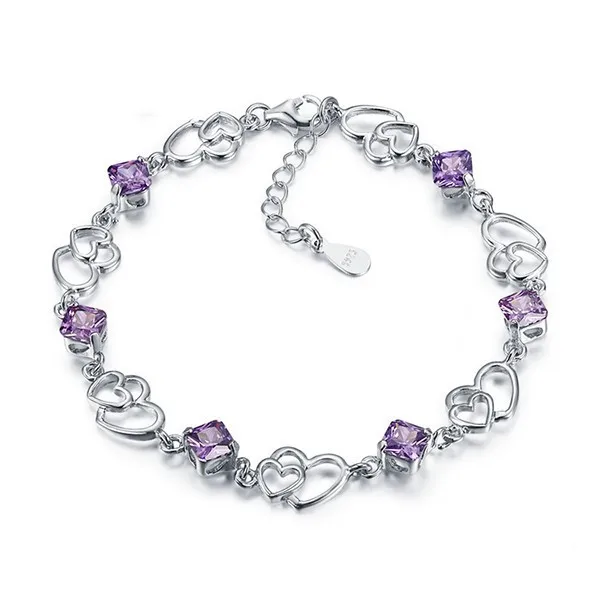 

2018 Popular Trend Accessories Two Color Optional Square Diamond Women Fashion Sterling Silver Bracelet, White and purple - fashion couple bracelet