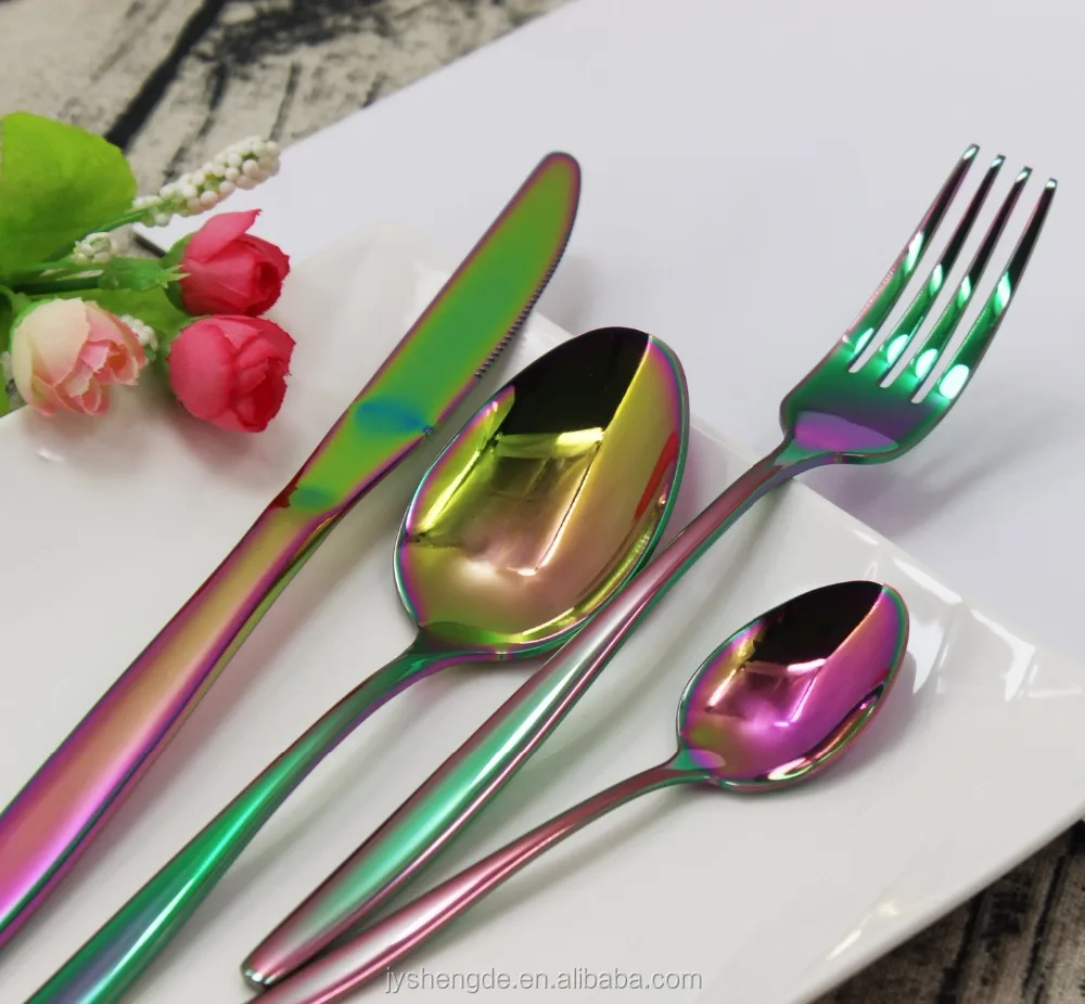 

Rainbow color PVD coating tableware, colorful plated cutlery set ,nice rainbow titanium cutlery set food safe color dinner set, Customize/black/silver/gold/rose gold