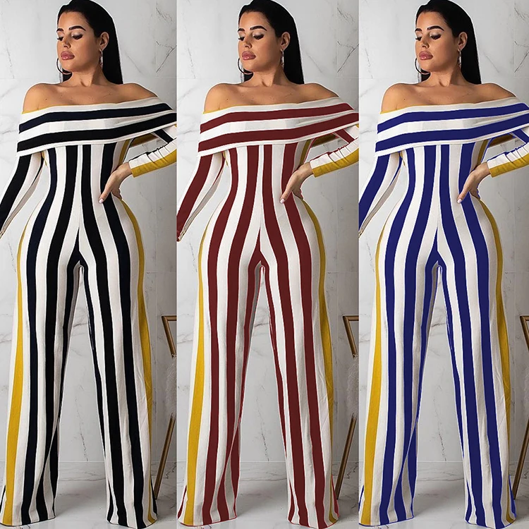 

2019 Latest Design Casual Fashion Wide Leg Pants Striped Print Off Shoulder Sexy Women Jumpsuits, N/a