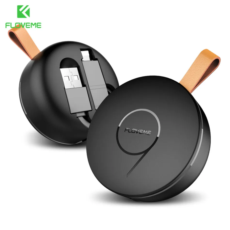 

FLOVEME Free shipping 2 in 1 Circle Retractable Phone Data Cables For iPhone / Micro USB Cable 2.1A Charge, Black/ green