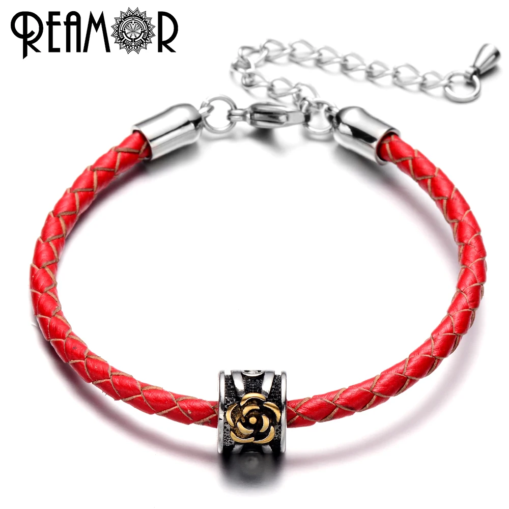 

REAMOR Trendy Woman Cuff Bracelets 5 Styles 316L Stainless Steel Charms Bracelet Red Braided Leather Bangles Woman's Jewelry