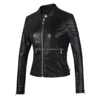 

Black color stand collar long sleeve slim fit patchwork shoulder leather jacket for women