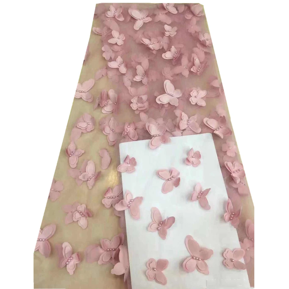 

Beautifical Pink 3d lace fabric african butterfly lace fabric elegant french tulle lace with beads for wedding ML43N54, Can be customized