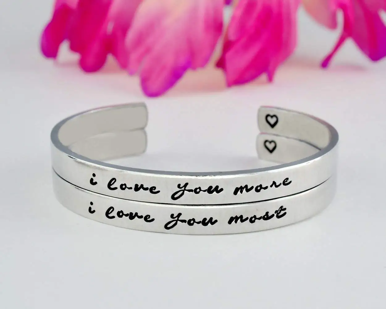 i love you more/i love you most - Hand Stamped Aluminum Cuff Bracelets Set of 2, Mom Daughter Sisters Friends BFF Couples Lovers Family Love Gift, Mother's Day, Girlfriend Valentines Day Gift, V2