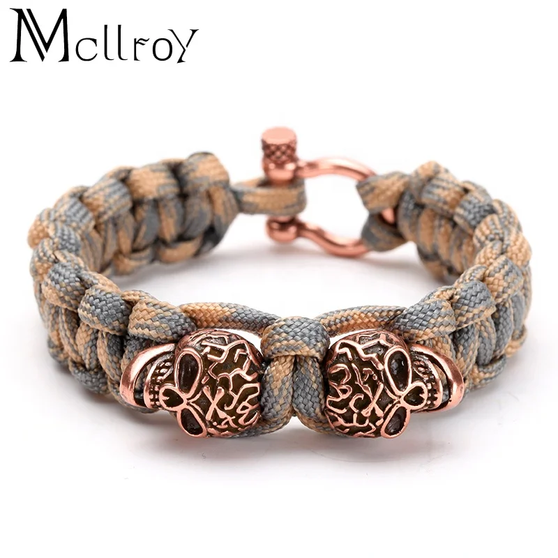 

Mcllroy survival bracelet Umbrella rope weave&Copper plating silver skull D button bracelets men braid bracelet, Silver/gold/red copper