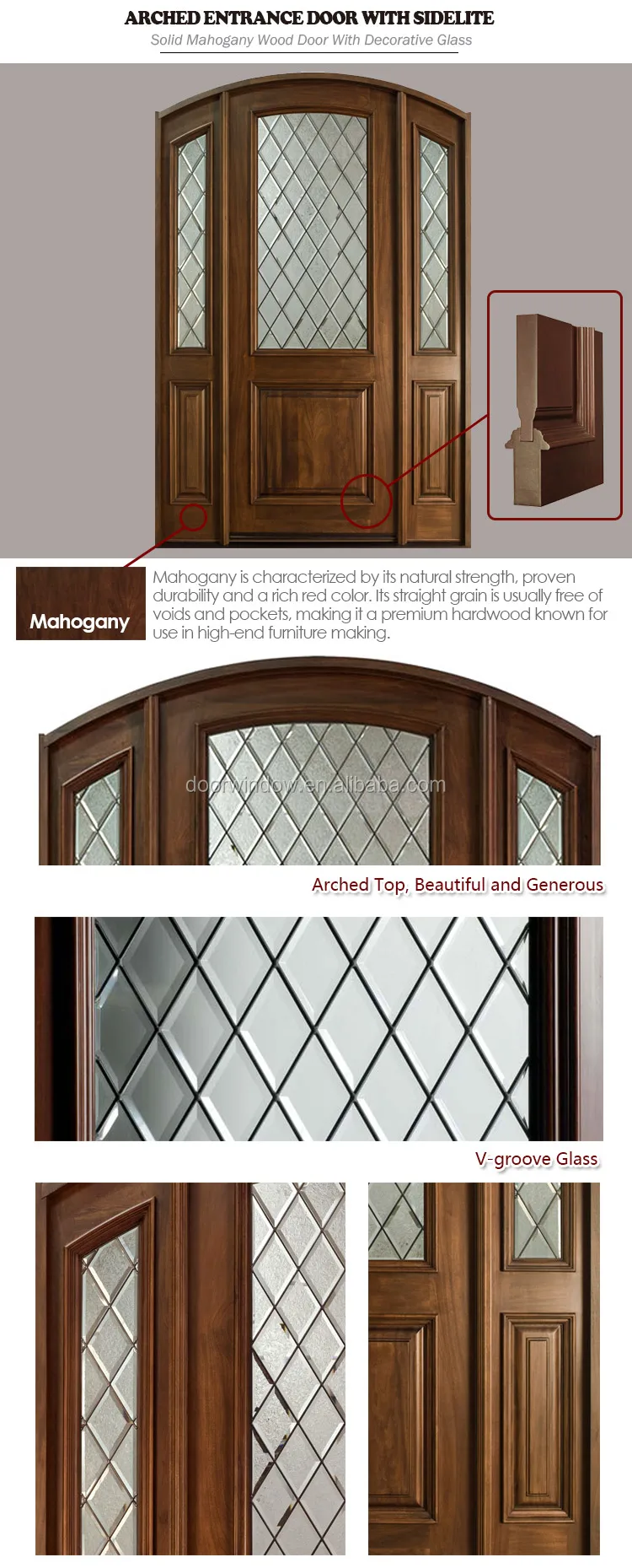 Solid Single Mahogany Wood Interior Wine Cellar Door with Arch Top and Insulated Glass