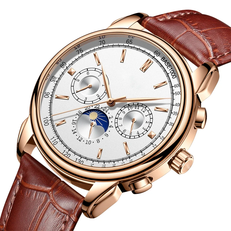 Your Own Watches Custom Logo Watches Men Rose Gold Case Relojes Moon Phase Watch Jam Tangan Mekanis