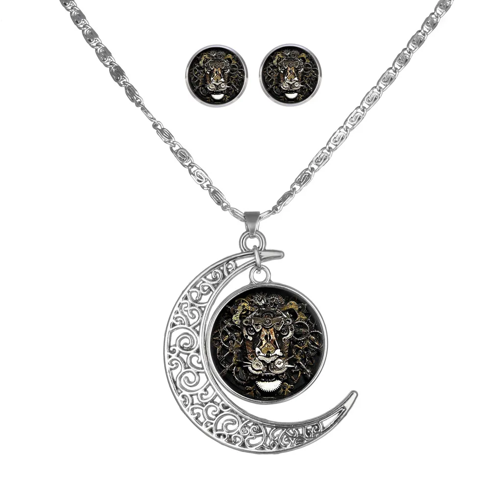 

New design Fashionable Hot-sales vintage alloy hollow out moon Pendant necklace Wholesale custom necklace Earrings jewelry set, Champagne