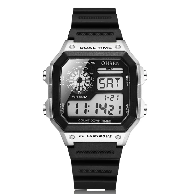 

1810 Multifunction Waterproof Ohsen Brand Hot Sale Square Case Dual Time LED Digital Outdoor Student Men Watch, Multicolor