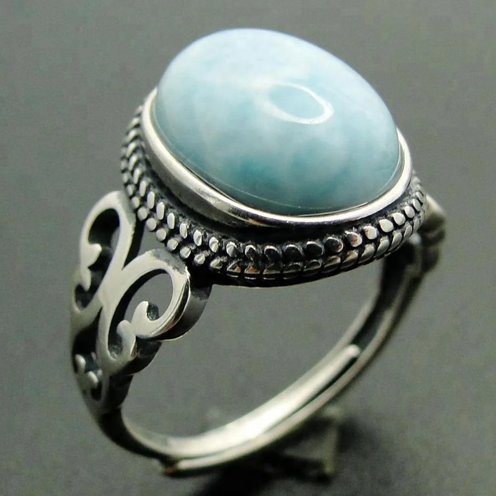 

100% 925 Sterling Silver Jewelry Round Oval Shaped Blue Larimar Stone Wedding Ring Women Adjustable Ring