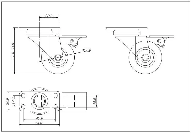 50mm diameter furniture plastic wheels pu caster