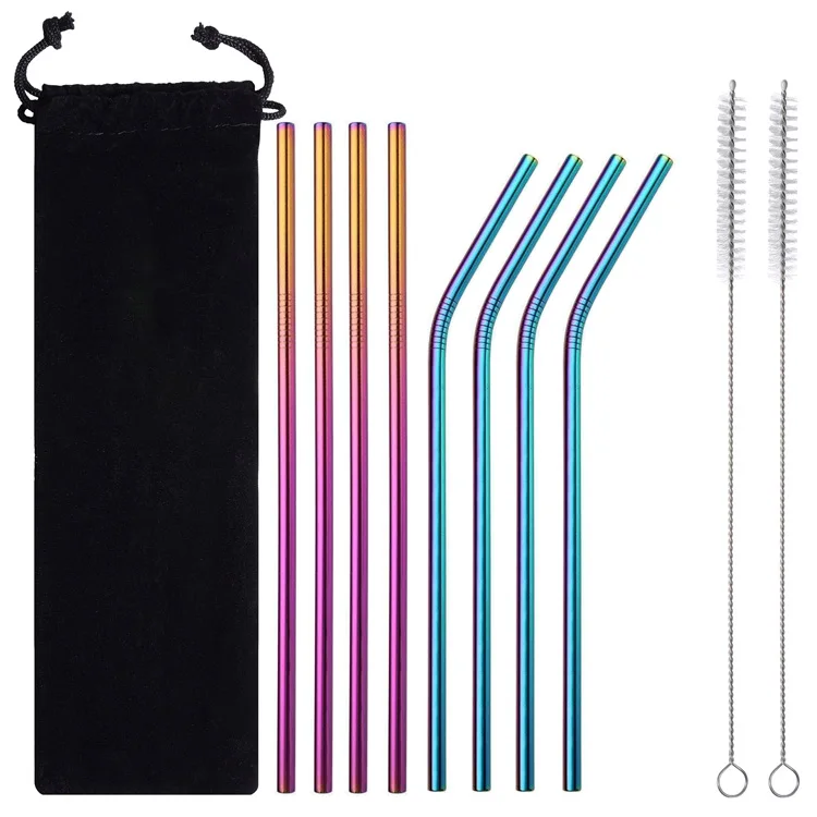 

4 Straight+4 Bent+2 Brush Stainless Steel Metal Straw Set
