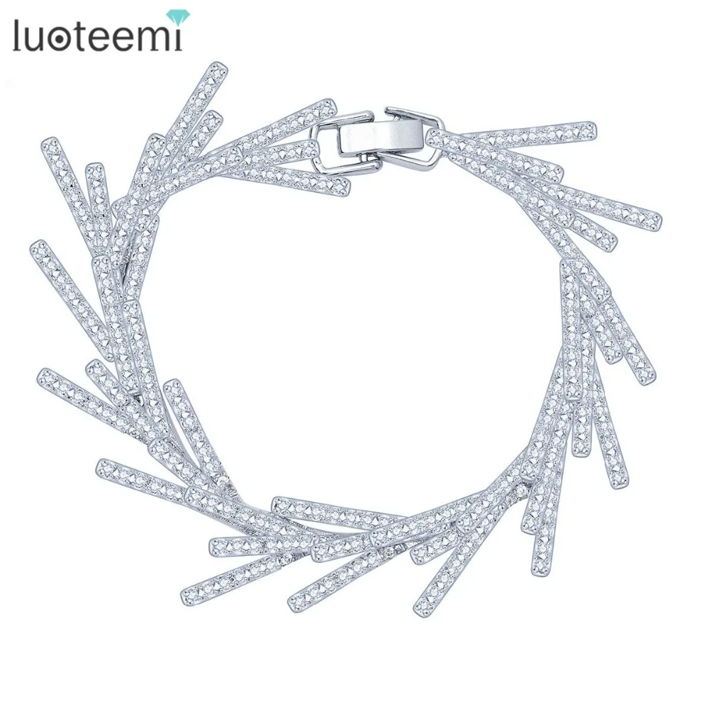 

LUOTEEMI Luxury Leaf Statement Cubic Zirconia Bracelets for Women Rhodium Plated Wedding Bridal Bracelets & Bangles, N/a