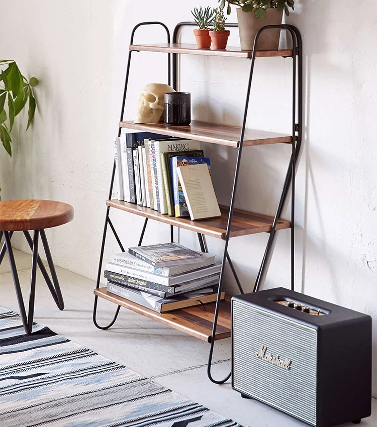 Free Standing Floor Loft Retro 4 Layers Black Metal With Wood Storage