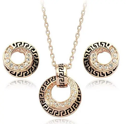 

Jewelry Yellow Gold Plated Retro Pattern Crystal Round Charm Jewelry Set for Women
