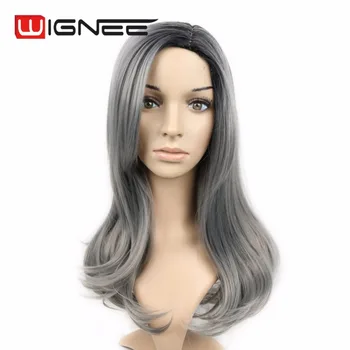 Ombre Black Grey Color Synthetic Hair Wigs 24 Inches Cute Side