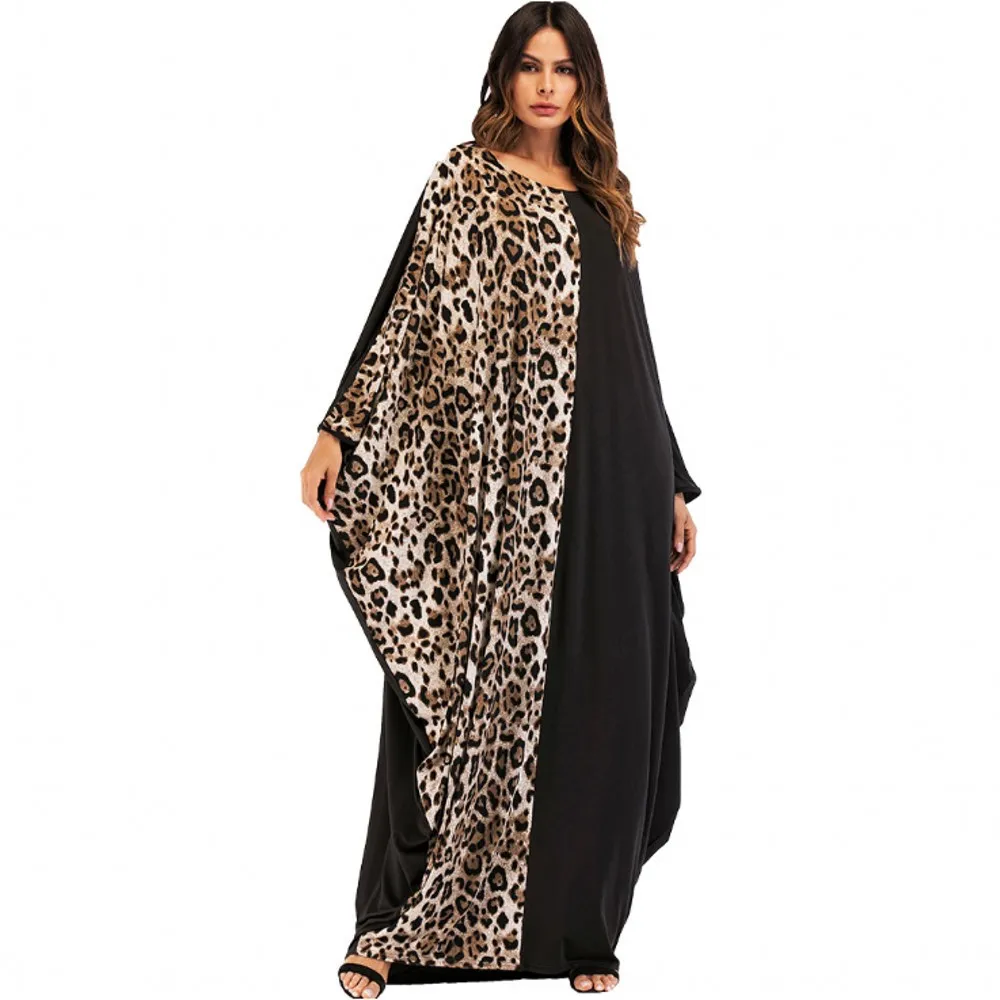

Abaya Women Bat Sleeve Casual Loose Leopard Print Middle East Clothing Gown Long Dress Muslim Robes YY10120