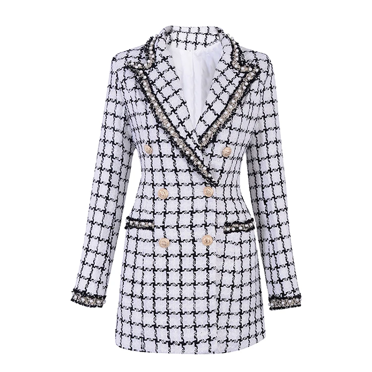 

2019 New Spring Women Slim Trench Coat Sexy White Deep V Neck Long Sleeve Plaid Beading Celebrity Party Club Coat Trench Blazer, Black white