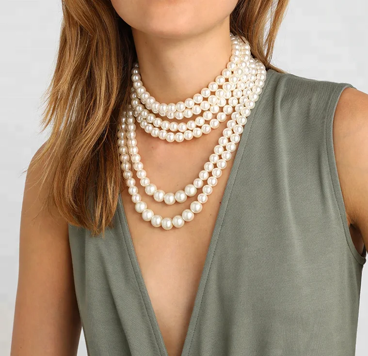 

High Quality Multi-Layer Strand Faux Round Bead Statement Bib For Wedding, White