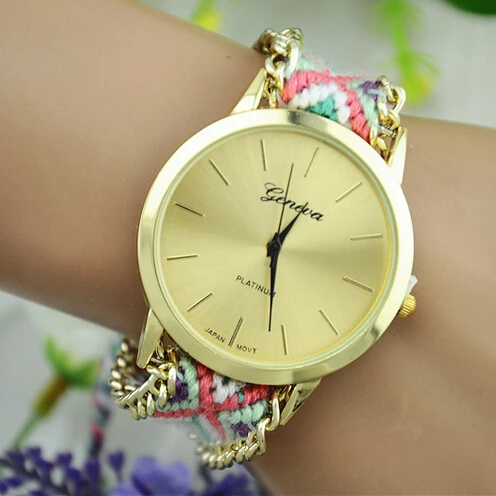 

Free Shipping Handmade Braided Bracelet Watch Geneva Hand-Woven wristwatch Ladies Quartz gold Watch women dress watches, 11 different colors as picture