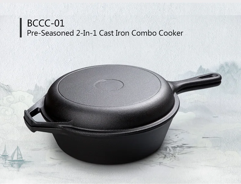 Kitchen Pre-Seasoned Cast Iron 2-In-1 Combo Cooker Frying Pan Oven Safe Cookware 