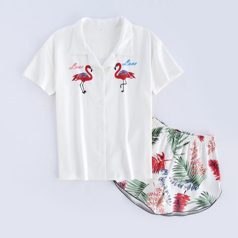 100% cotton, printed, button and pocket on top, elastic waist for shorts, patch velvet, summer sleepwear women