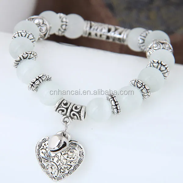 

8mm white Cat Eye Beads Bracelet with Heart Pendant Charms Strand Bracelet 18cm