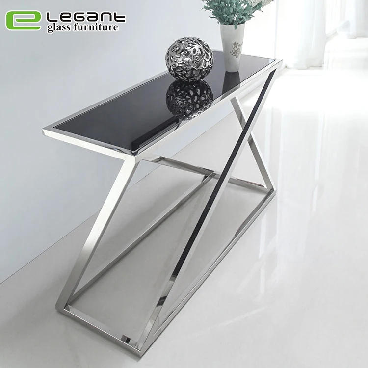Stainless Steel Console Table with Tempered Black Glass Top