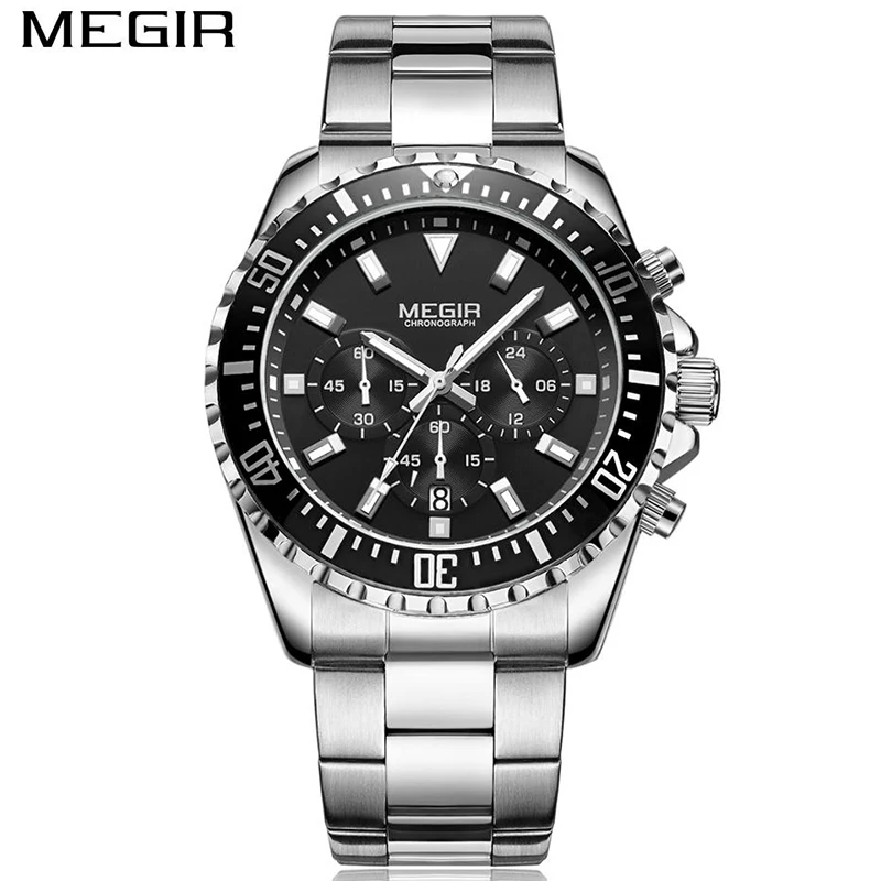 MEGIR 2064 Mens Quartz Analog Watch Stainless Male Clock Big Dial Relogio Masculino Luxury Chronograph Wristwatches Waterproof
