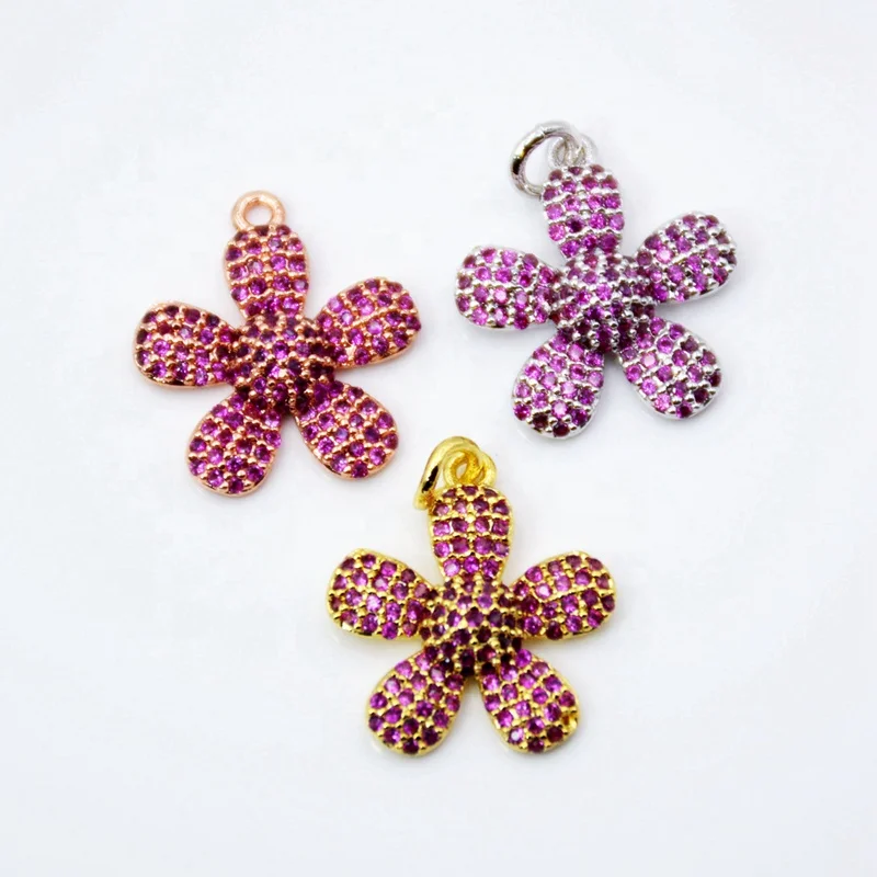 

CZ Fuchsia Micro Pave Daisy Flower Pendant 16mm Cubic Zirconia Paved Flower Charm Gold Silver Rose Gold plated, Multi colors