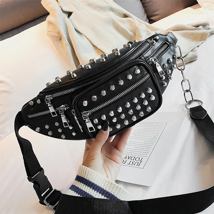 

Girls Personalized Shoulder Bag New Product Korean Style Fanny Pack 2 Colors Leather Waist Bag Women Rivet Bag, Black, red