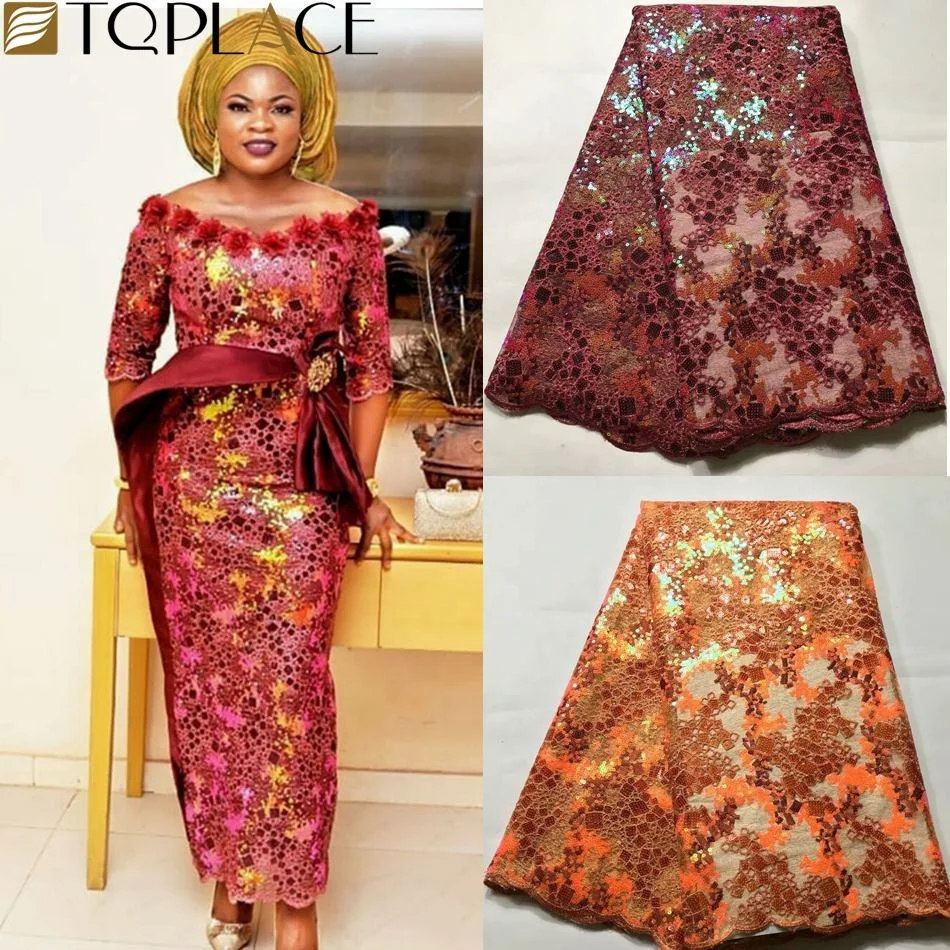 

Latest Nigerian Lace Fabric 2021 Sequin Embroidery Organza Lace Fabric African Fabrics For Wedding Dress, Burnt orange,fushia pink,yellow,green,royal blue