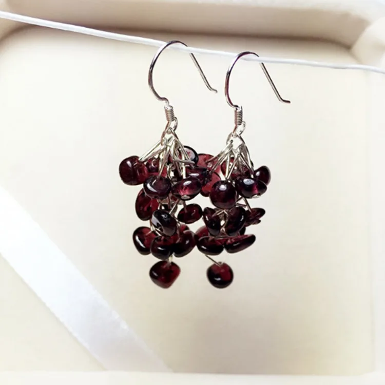

Natural wine red garnet grape-shaped gravel wedding earrings 925 silver, Silver, gold, black gold