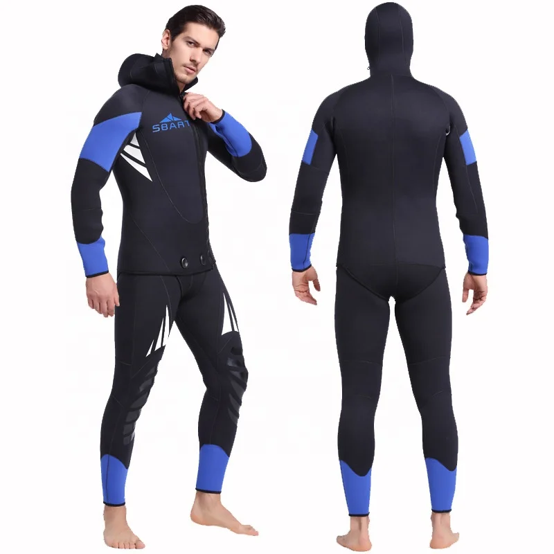

5mm Full Body Men Wetsuit With Hood two Piece Thick Material Swimsuit, Black white yellow
