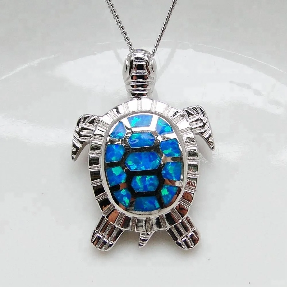 

925 Sterling Silver Blue Fire Opal Sea Turtle Pendant Necklace, Pink