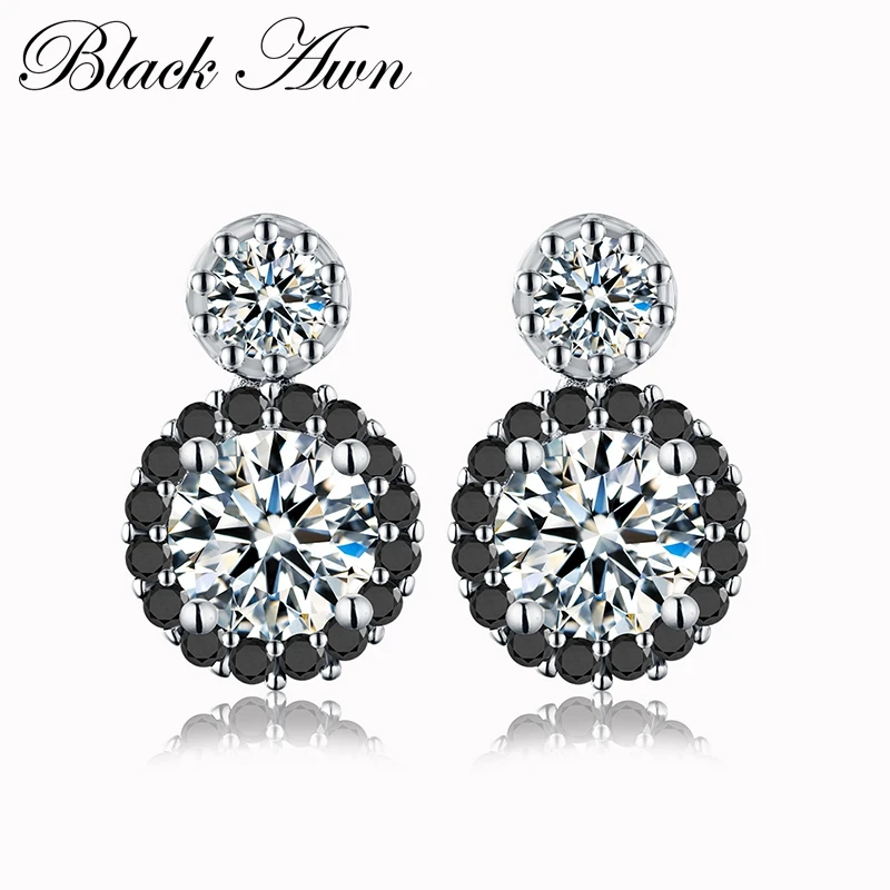 

[BLACK AWN] Flower 100% Genuine 925 Sterling Silver Jewelry Round Black&White Stone Engagement Stud Earrings for Women T057