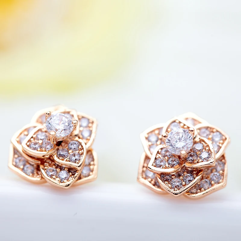 

LUOTEEMI Trendy Statement Rose Flower Cubic Zircon 18K Champagne Gold Plated Stud Earrings For Women Luxury Brincos
