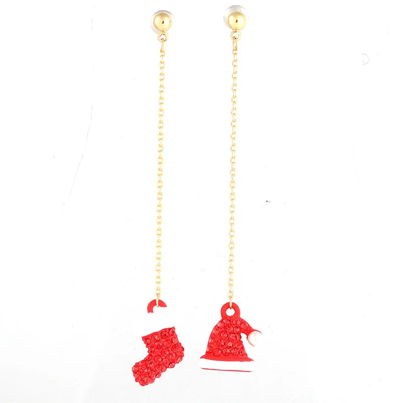 

Wholesale Price Cute Christmas Gifts Gold Plated Long Chain Red Hat Socks Shape Stud Earrings