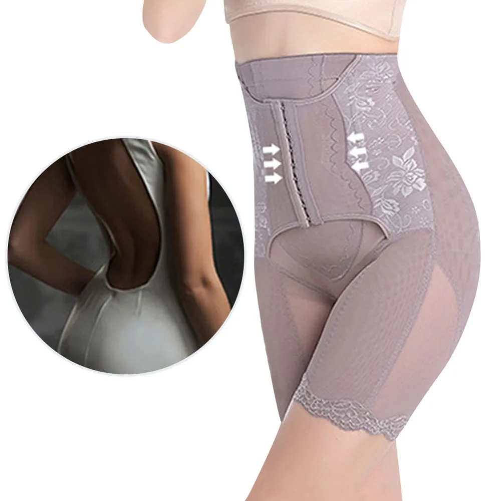 

High Quality Slimming Stomach Grey Plus High Rise Butt Lifter Lace Trim Hooks Women Panties, Nude/black/gray